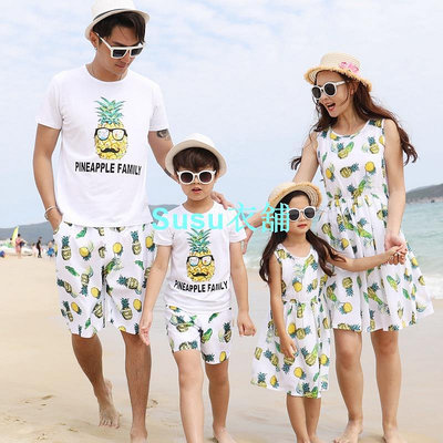 親子裝 情侶裝 夏季 海邊 沙灘 度假 全家裝一家 雪紡連身裙 短袖 T恤 套裝 東南亞旅行 團體服