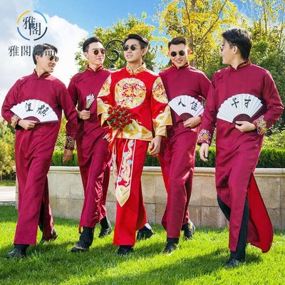 伴郎服中式男團服裝中國風婚禮結婚禮服相聲服大褂長袍馬褂唐裝-雅閣精品