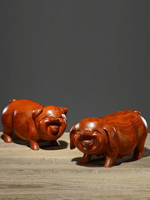 現貨 花梨木雕豬擺件一對實木雕刻發財豬十二生肖豬客廳紅木工藝品裝飾可開發票