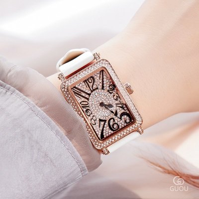 新款手錶女 百搭手錶女GUOU/古歐氣質滿鉆數字皮帶手錶金框精美時尚百搭防水女士  手錶