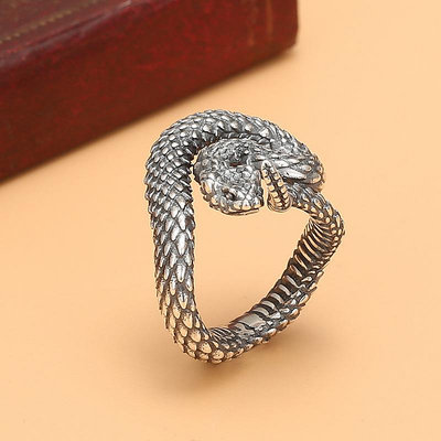 三友社 S925純銀個性原創設計靈蛇戒指創意飾品男士眼鏡蛇指環泰銀做舊ly