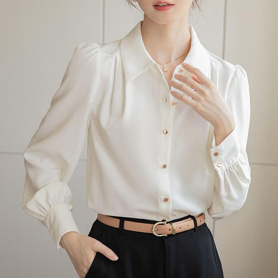 新款 時尚優雅 寬鬆白襯衫長袖女 上衣緞面通勤感氣質襯衫