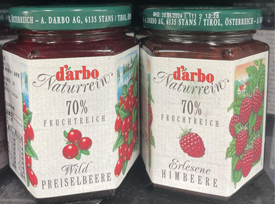 一次買2瓶 單瓶213 奧地利Darbo 70%野生蔓越莓果醬 200g 或 70%果肉覆盆莓果醬200g/罐 d‘arbo 頁面是單瓶價