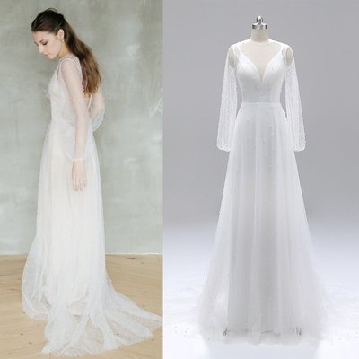 兩件套珍珠罩衫簡約法式超仙長袖白色拖尾網紗新娘結婚輕婚紗戶外旅拍輕紗新娘禮服#1242-麥德好服裝包包