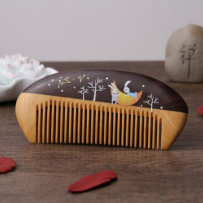 禮品梳子 黑檀木黃楊木拼接彩繪動物造型木梳 防靜電實木梳子