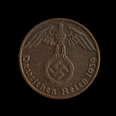 德國     1939年    F(斯圖加特廠) 納粹德國       1芬尼       銅幣     2909