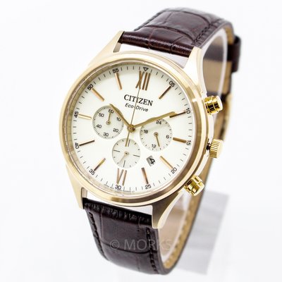 CITIZEN CA4413-19A 星辰錶 42mm 光動能 金錶殼 白面盤 咖啡皮錶帶 男錶女錶