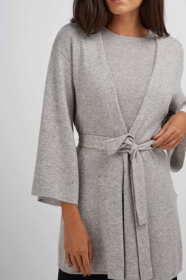 瑞典知名設計師品-100% Cashmere可繫蝴蝶結綁帶式七/八分袖淺灰色柔軟親膚喀什米爾針織開襟無扣外罩中長版小外套