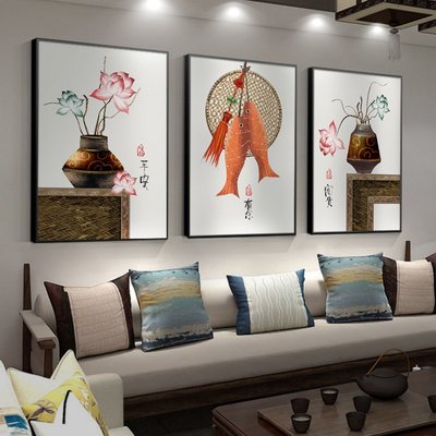 吉祥如意新中式餐廳掛畫客廳三聯字畫沙發背景墻掛畫簡約花卉壁畫