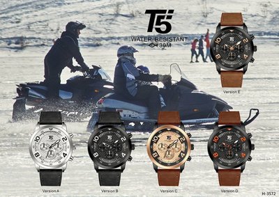 T5 WATCH 正品潮流男士防水手錶六針多功能真皮帶錶時尚流大錶盤軍事風腕錶 H3572
