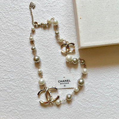 Chanel vintage香奈兒中古單層波點琺瑯logo珍珠項鍊毛衣鍊