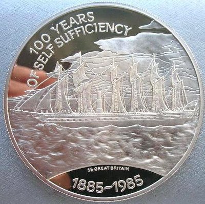 古玩錢幣收藏（可議價）福克蘭1985年英國船只擱淺福克蘭自給自足100周年精制紀念銀幣