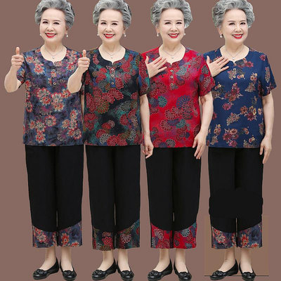大尺碼民族風女裝奶奶裝夏裝套裝中老年人短袖T恤女媽媽衣服太太矮小個子兩件套6070歲媽媽裝女裝