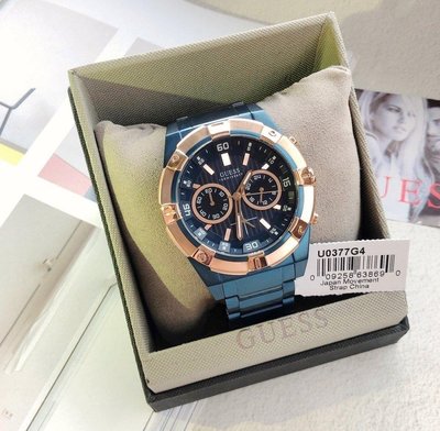 GUESS 藍色不銹鋼錶帶 雙眼計時 男士手錶 W0377G4