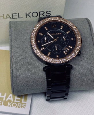 MICHAEL KORS Parker 玫瑰金色水鑽圈 黑色面錶盤 黑色不鏽鋼錶帶 石英 三眼計時 女士手錶 MK5885