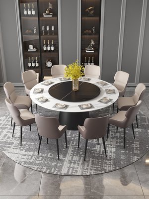 現貨熱銷-意式輕奢巖板大理石餐桌椅組合內嵌轉盤家用圓形ins飯桌1.8米酒店