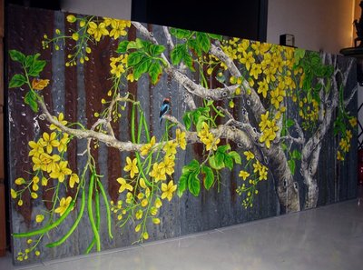 【ZEN CASA】工筆花卉裝飾畫*黃金雨阿勃勒樹*民宿裝飾品無框掛畫*南洋風鐵皮畫三片一組