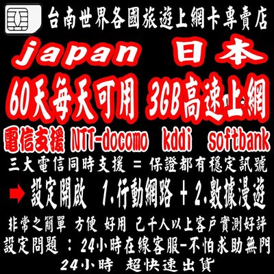 台南上網卡日本LTE-NTT-DOCOMO電信60天每天可使用3GB流量超過降速吃到飽 (附卡針及收納盒)