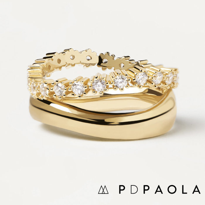PD PAOLA 西班牙時尚潮牌 白鑽S波浪戒指 簡約金色戒指 雙層設計 MOTION GOLD