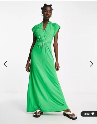 (嫻嫻屋) 英國ASOS-French Connection優雅時尚綠色V領短袖繫腰長裙洋裝PH22