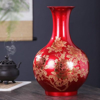 現貨熱銷-景德鎮陶瓷器花瓶擺件中國紅色插花中式家居客廳裝飾品工藝品瓷瓶~特價
