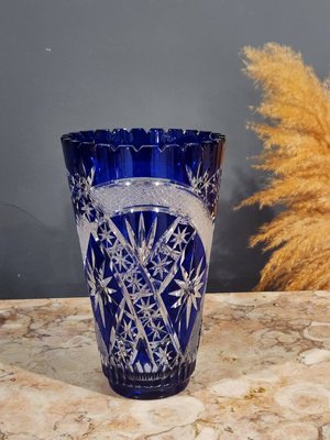 義大利 湛藍 高品質 立體 手工 繁複 星芒 深雕刻 厚實 水晶玻璃 花瓶  g0712【卡卡頌  歐洲古董】✬