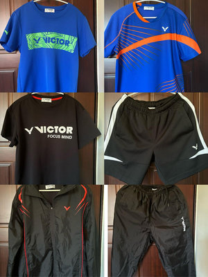 勝利VICTOR羽球運動排汗上衣 短褲 長褲 外套，共六件，便宜出清，藍色黑色橘色，白色紅色條紋，Size: S.XS