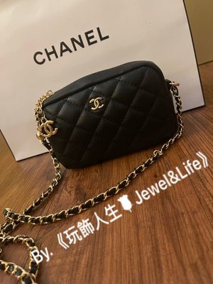 品牌VIP經典贈品MAKE UP系列💯 Chanel 超美 雙C LOGO 黑色皮穿鍊 菱格紋 輕便 鍊條包 相機包 斜背包 小方包