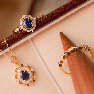 【WhiteKuo】18k天然藍寶石鑽石宮廷風戒指與項鍊