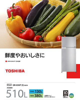 TOSHIBA東芝 510公升 變頻雙門冰箱 GR-A56T(S) 原廠保固 全新品 新機上市