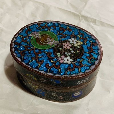 ［輕·古物］掐絲琺瑯 景泰藍 花卉橢圓型首飾盒飾品盒C6571 珍稀少見