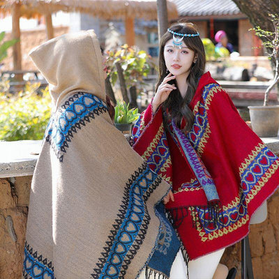 民族紅色圍巾加厚保暖披肩 旅遊外搭雲南新疆西藏斗篷 連帽披
