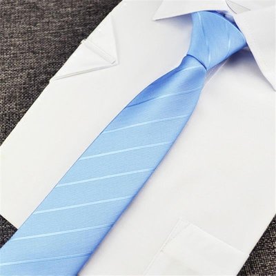 現貨熱銷-好看領帶男正裝商務7韓版休閑天藍色條紋易拉得學生領帶拉鏈式特價~特價