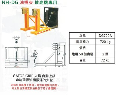 NH-DG油桶夾 堆高機專用 雙桶油桶夾具 堆高機用雙桶夾具 DG720A 荷重:720kg 適用50加侖鐵桶:2個