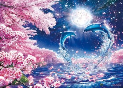 21-703 絕版夜光迷你3000片日本進口拼圖 海洋 海豚 夢幻櫻花 Lassen