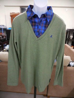 (近全新吊牌未拆)旅行者Traveler藍色格紋+淺綠色羊毛混紡假兩件式上衣(XL)(B424)