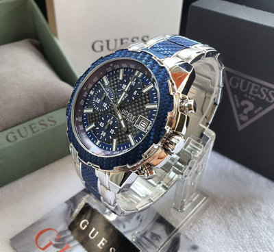 GUESS 藍色配灰色錶盤 銀色配藍色不鏽鋼錶帶 石英 三眼計時 男士手錶 W1046G2