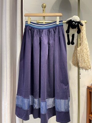 GOZO棉質與紗異材質拼接鬆緊腰圍設計圓裙長裙