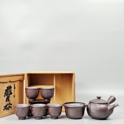 。白梅作日本萬古燒橫手急須茶壺茶碗茶器一套。未使用