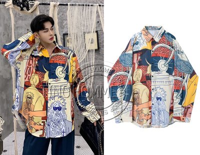 《TINO HOMME》2019春夏新款日韓版不規則剪裁OVERSIZE宮廷風人物圖案印花翻領寬鬆襯衫