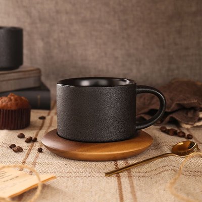 歐式輕奢陶瓷咖啡杯配底座黑色磨砂馬克杯配勺簡約創意咖啡廳杯子-~特價
