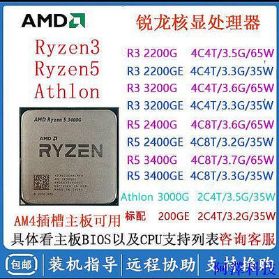 阿澤科技【現貨 品質促銷】AMD AM4銳龍核顯 R3 R5 3400G 2400G 3200G 200GE 集顯臺式處理器