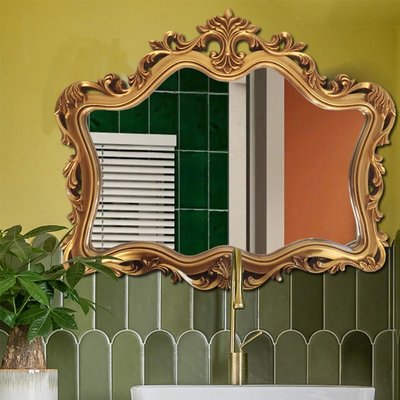 現貨熱銷-歐式衛生間鏡子輕奢浴室鏡帶花邊壁掛衛浴鏡造型雕花梳妝鏡子橫款爆款