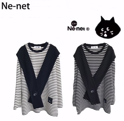 日本ne-net驚訝貓nya披肩兩件條紋款女裝長袖T恤