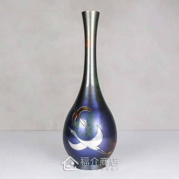 日本高岡銅器一輪生彫金二羽鶴銅花瓶純銅手工鑄造精緻工藝品日本