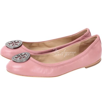 現貨熱銷-TORY BURCH Liana 鑽飾盾牌納帕皮革娃娃鞋(粉色) 1810333-21