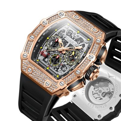 熱銷 手錶腕錶ONOLA/奧駱納滿鉆時尚新款多功能機械手錶男士膠帶快手直播爆款錶