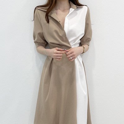 韓版夏季輕奢氣質長袖洋裝時尚拼接撞色polo領襯衫連身裙女長裙 Y1810