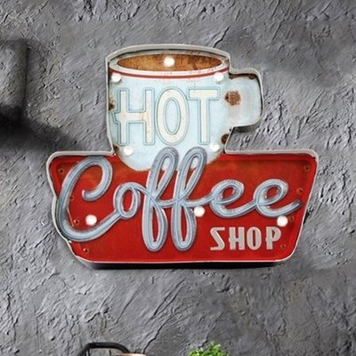 美式復古咖啡廳壁飾小夜燈鐵皮標示牌燈牌 鐵製個性裝飾COFFEE SHOP摩登LOFT咖啡杯造型LED燈飾壁掛招牌 擺飾