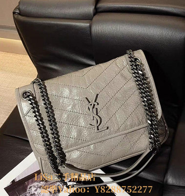 二手精品 YSL 聖羅蘭 NIKI 中號 郵差包 斜挎包 鏈條包 灰色 斜背包 498894